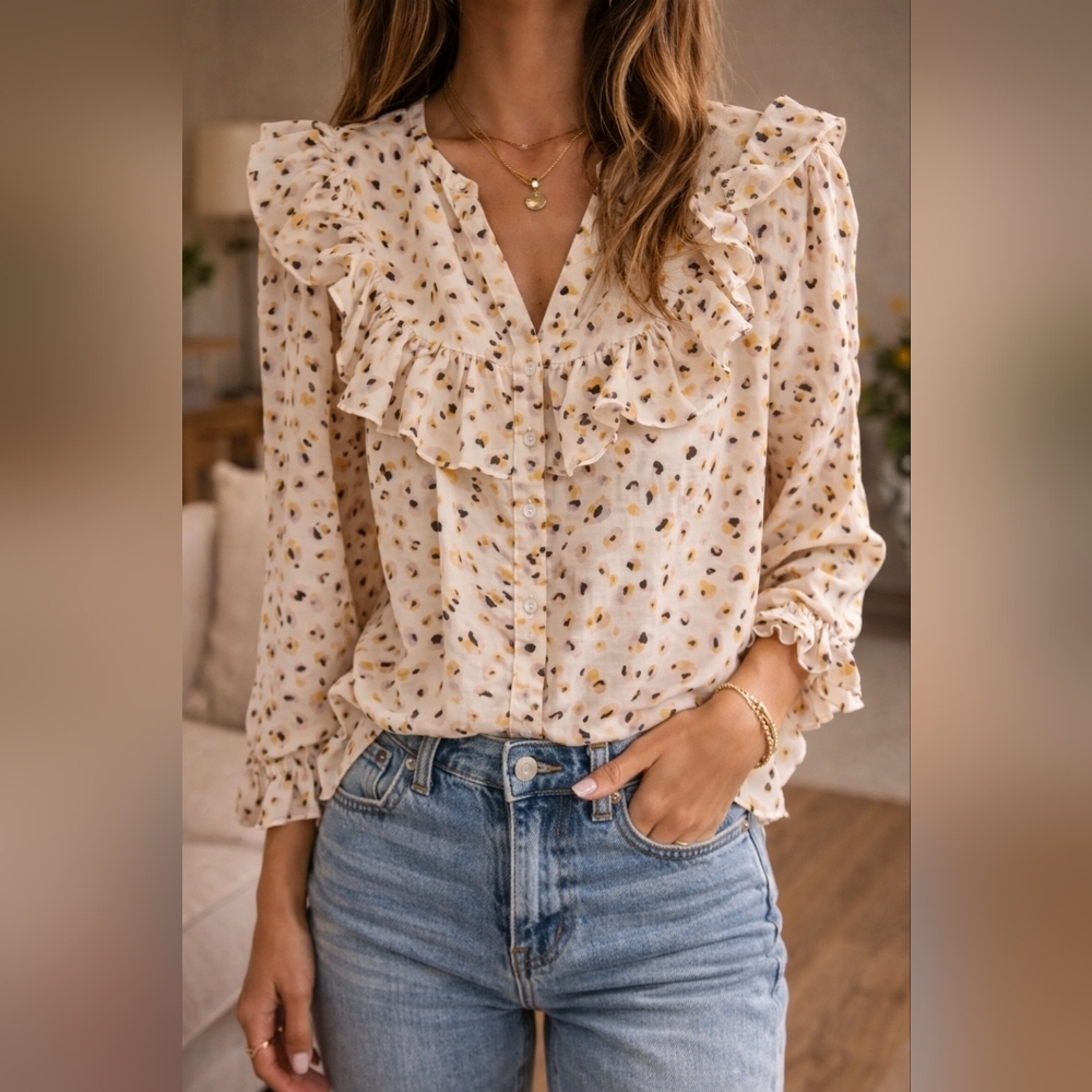 ba&sh Cream Black Ruffled Blouse Parisian Chic